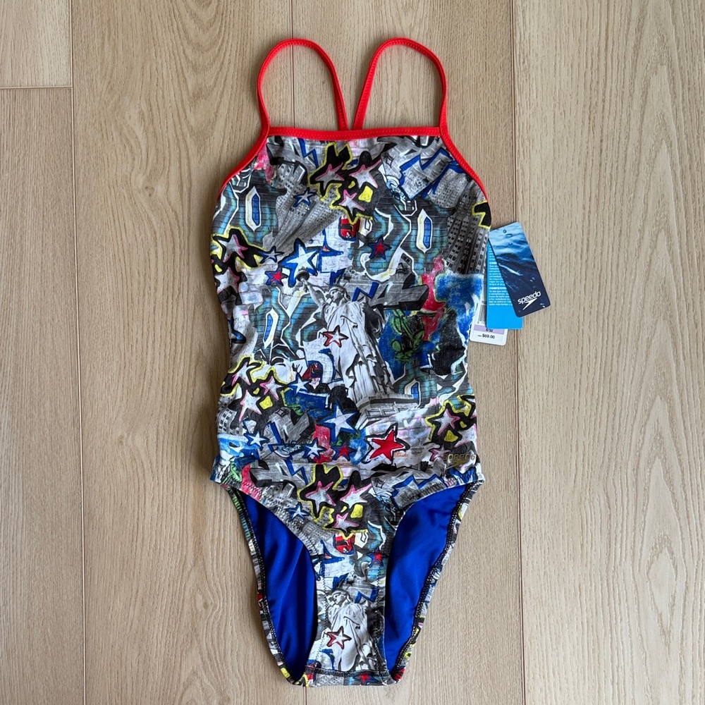 Speedo Multicolor Star-Print One-Piece Swimsuit with Red Trim
